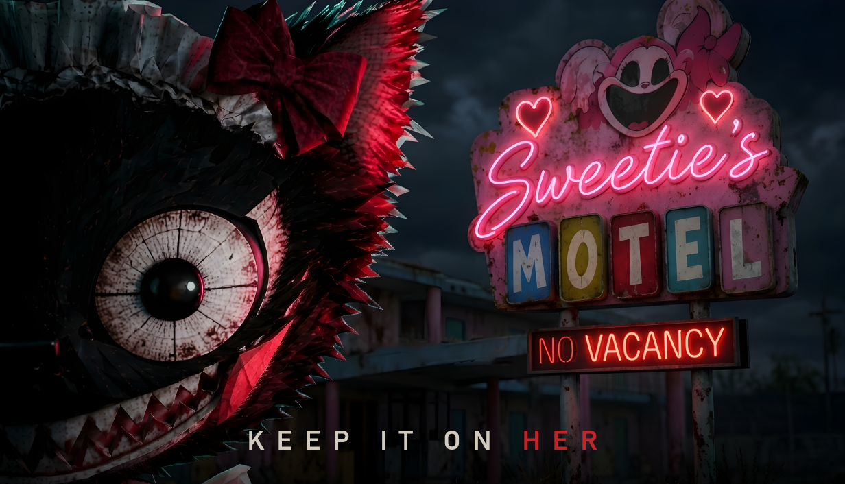 Sweetie in front of the Sweetie's Motel sign